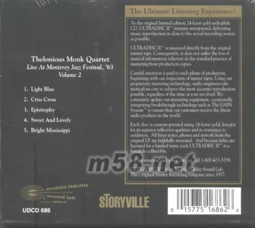 爵士鋼琴大師THELONIOUS MONK QUARTET蒙特利的現場演奏會(24K金碟)專輯背面圖片