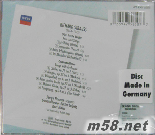 理察史特勞斯:最后四首歌&弦樂歌曲集Richard Strauss:Four Last Songs&6 Orchestra Songs專輯背面圖片
