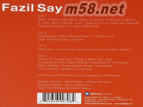 BACH, TCHAIKOVSKY, LISZT, STRAVINSKY, GERSHWIN鋼琴家法佐賽依四張華納經典專輯套裝專輯背面圖片