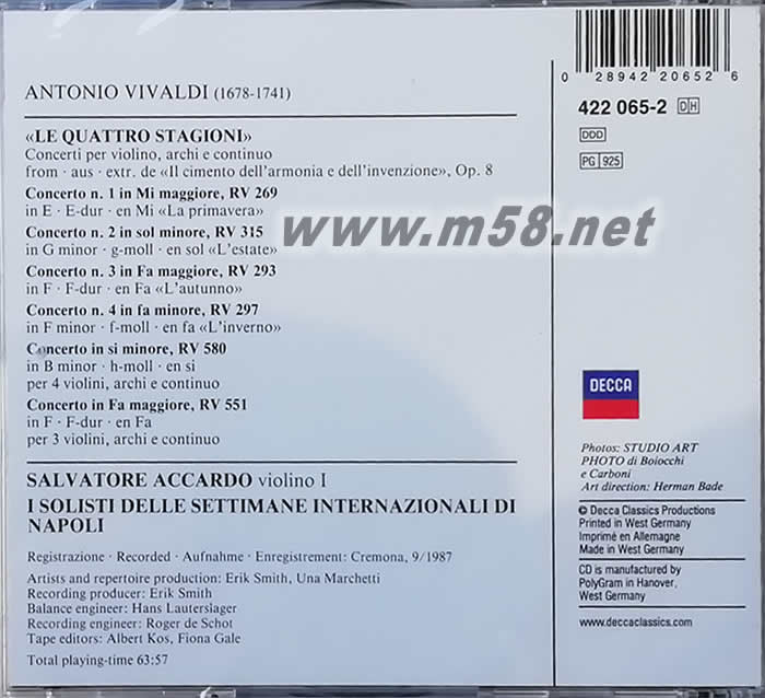 LE QUATTRO STAGIONI 韋瓦爾第 四季 阿卡多小提琴(名琴四季)(古典愛好者必備)專輯背面圖片