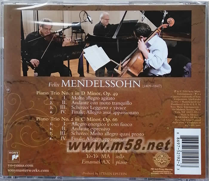 Mendelssohn: Piano Trios Nos. 1 & 2, Opp. 49,66 大提琴、小提琴、鋼琴三重奏專輯背面圖片